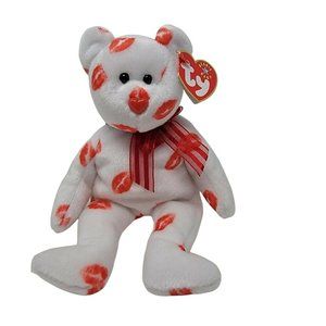 TY Beanie Baby "Smooch" Bear White Red Lips Kisses 9" Valentine's Day With Tags